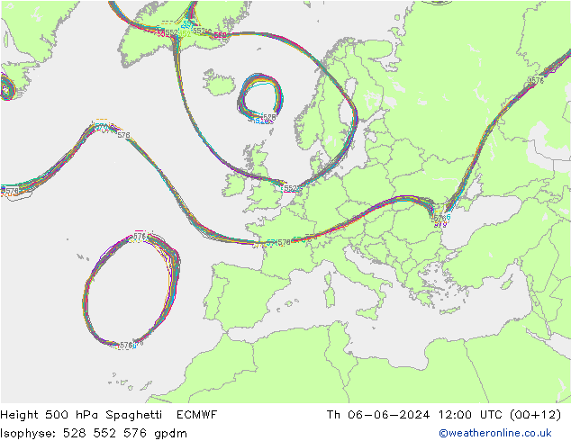 Height 500 hPa Spaghetti ECMWF Čt 06.06.2024 12 UTC