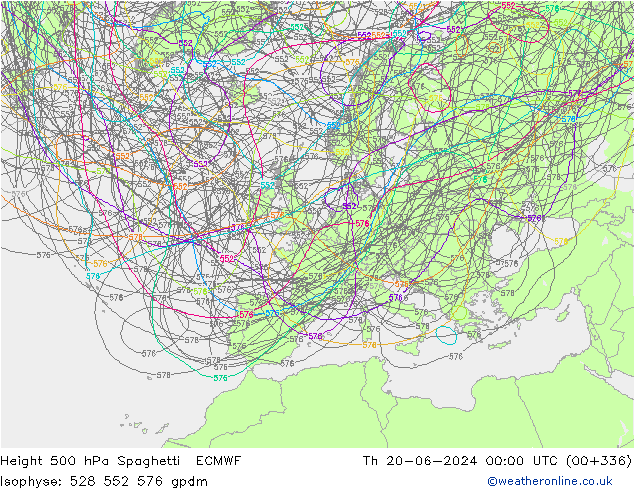 Height 500 hPa Spaghetti ECMWF Th 20.06.2024 00 UTC