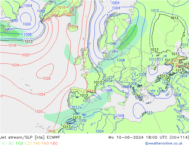 Jet Akımları/SLP ECMWF Pzt 10.06.2024 18 UTC