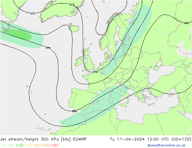 Jet stream/Height 300 hPa ECMWF Tu 11.06.2024 12 UTC