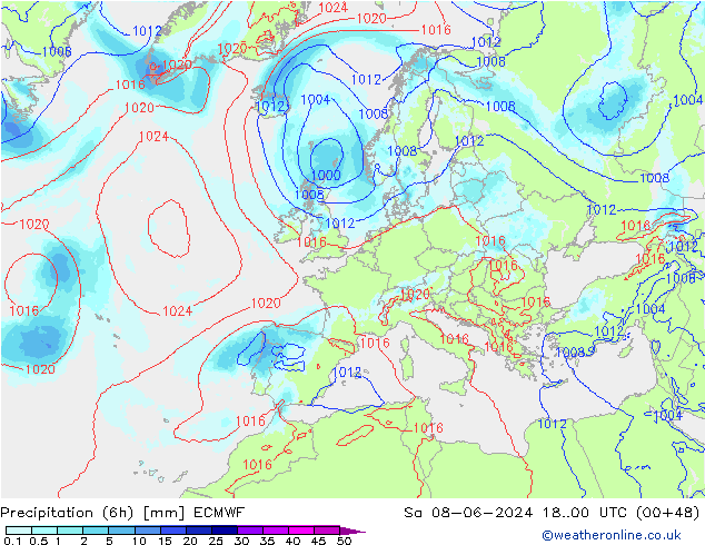 Totale neerslag (6h) ECMWF za 08.06.2024 00 UTC