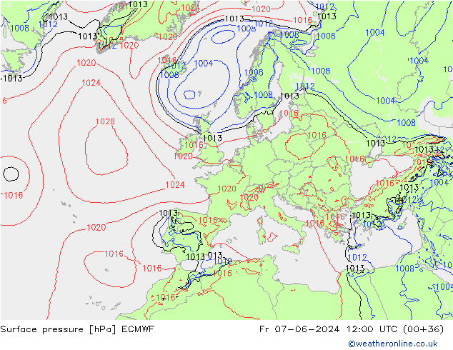 Presión superficial ECMWF vie 07.06.2024 12 UTC