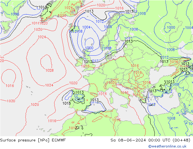 Presión superficial ECMWF sáb 08.06.2024 00 UTC