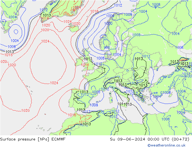 Pressione al suolo ECMWF dom 09.06.2024 00 UTC