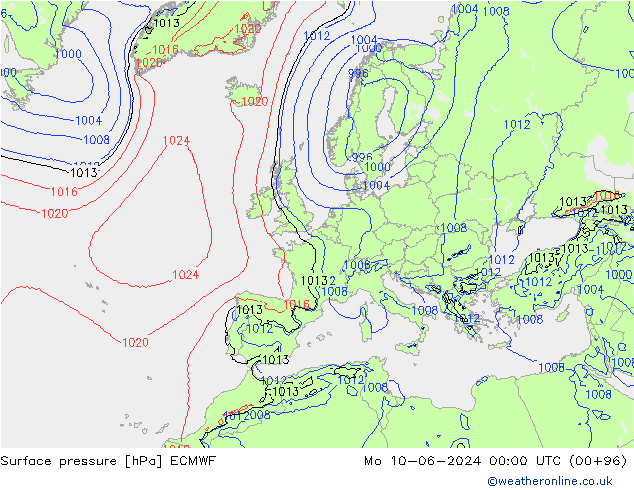 Presión superficial ECMWF lun 10.06.2024 00 UTC