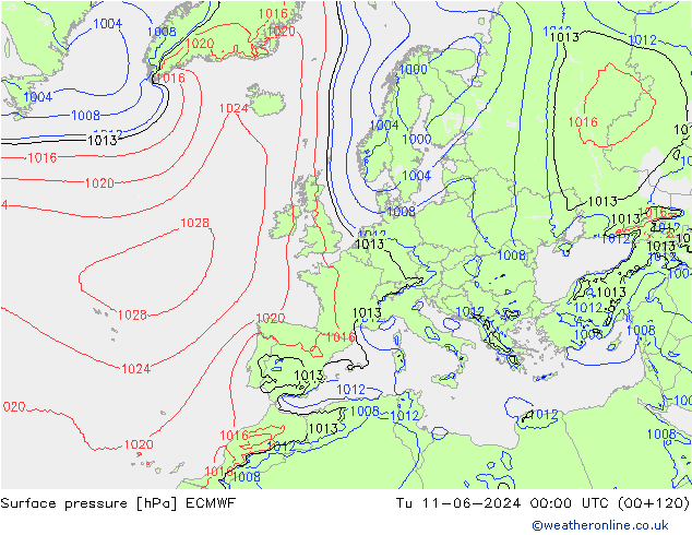 Surface pressure ECMWF Tu 11.06.2024 00 UTC