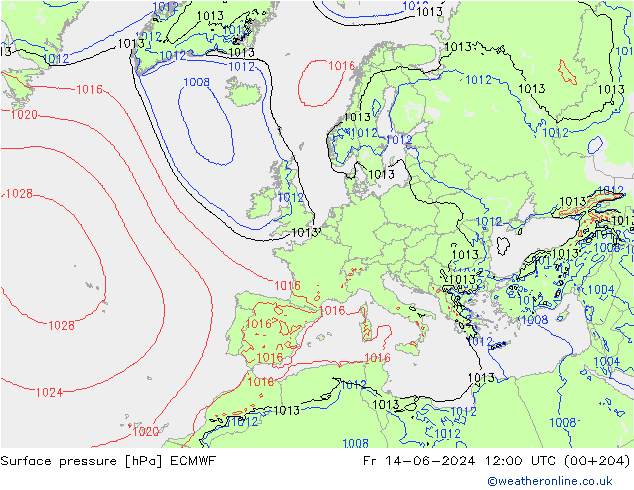 Bodendruck ECMWF Fr 14.06.2024 12 UTC