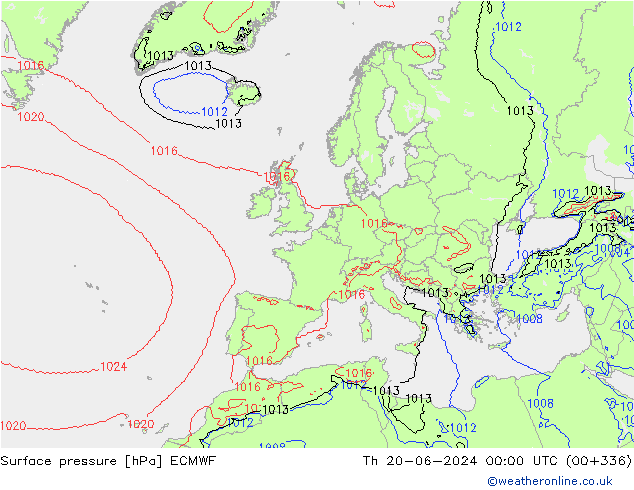 Surface pressure ECMWF Th 20.06.2024 00 UTC