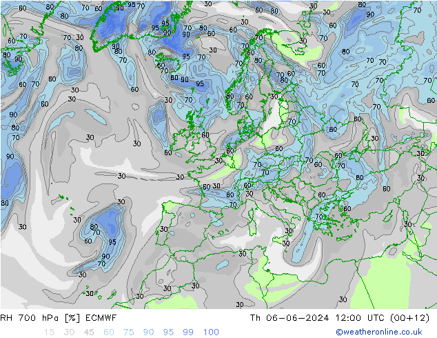 RH 700 hPa ECMWF gio 06.06.2024 12 UTC