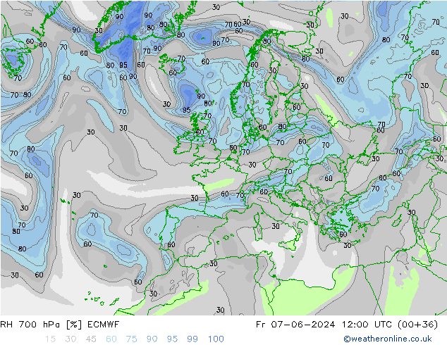 Humidité rel. 700 hPa ECMWF ven 07.06.2024 12 UTC