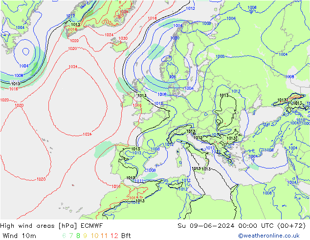 High wind areas ECMWF Вс 09.06.2024 00 UTC