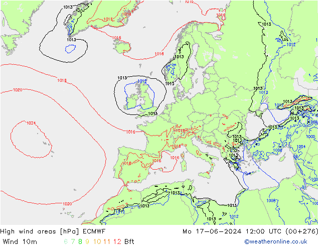 High wind areas ECMWF Mo 17.06.2024 12 UTC