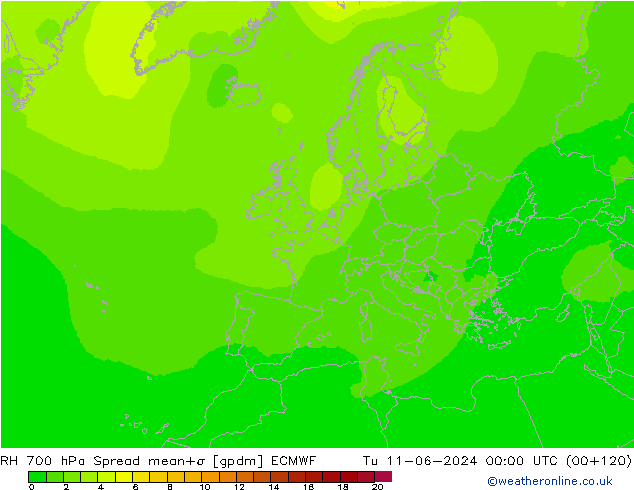 RH 700 hPa Spread ECMWF Di 11.06.2024 00 UTC