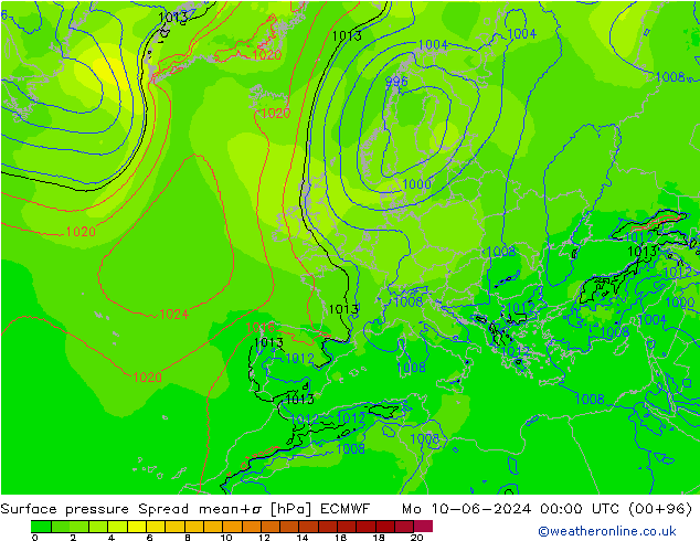 Pressione al suolo Spread ECMWF lun 10.06.2024 00 UTC