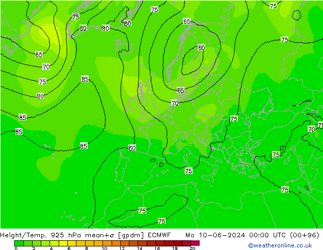 Height/Temp. 925 hPa ECMWF pon. 10.06.2024 00 UTC