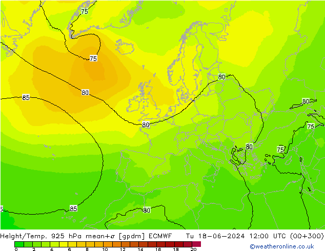 Height/Temp. 925 hPa ECMWF Tu 18.06.2024 12 UTC