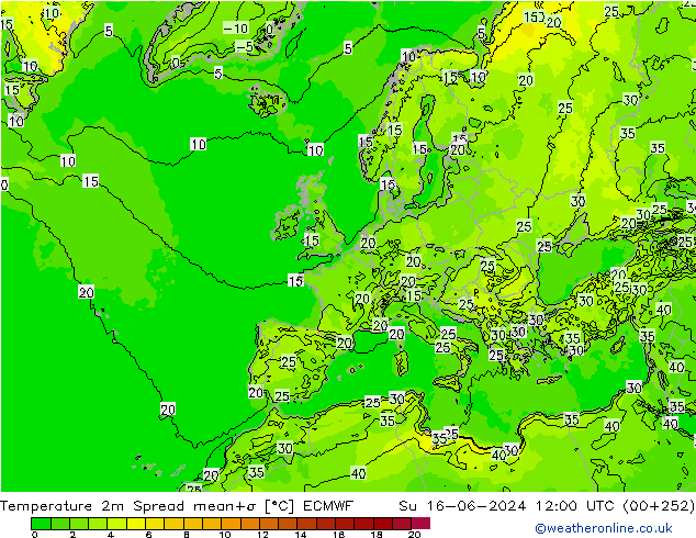 Temperaturkarte Spread ECMWF So 16.06.2024 12 UTC