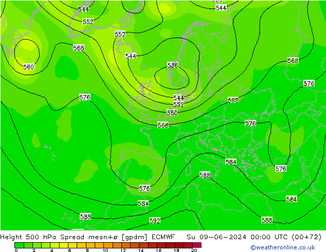 Height 500 hPa Spread ECMWF So 09.06.2024 00 UTC