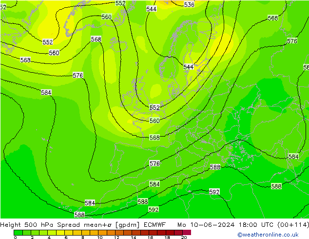 Height 500 hPa Spread ECMWF Mo 10.06.2024 18 UTC