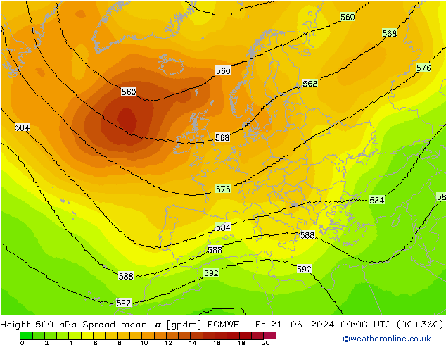 Height 500 гПа Spread ECMWF пт 21.06.2024 00 UTC