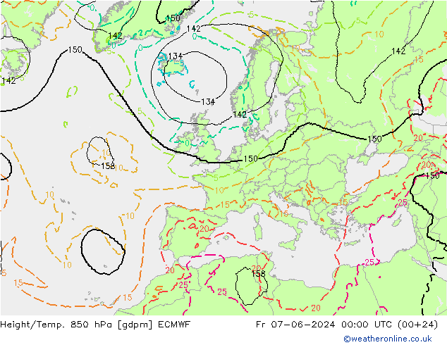 Height/Temp. 850 гПа ECMWF пт 07.06.2024 00 UTC