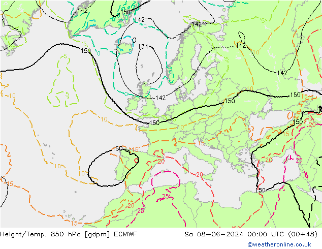 Height/Temp. 850 hPa ECMWF so. 08.06.2024 00 UTC