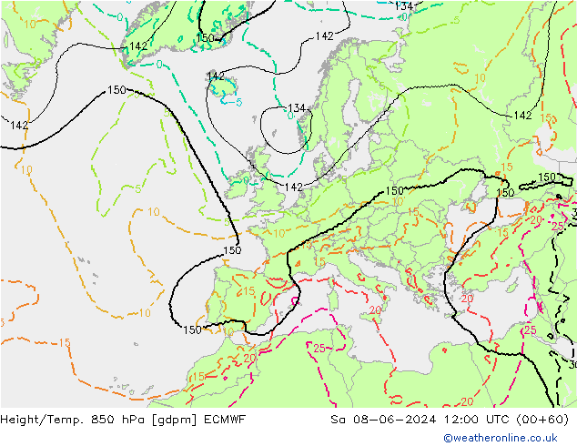 Géop./Temp. 850 hPa ECMWF sam 08.06.2024 12 UTC