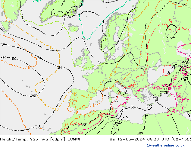 Yükseklik/Sıc. 925 hPa ECMWF Çar 12.06.2024 06 UTC