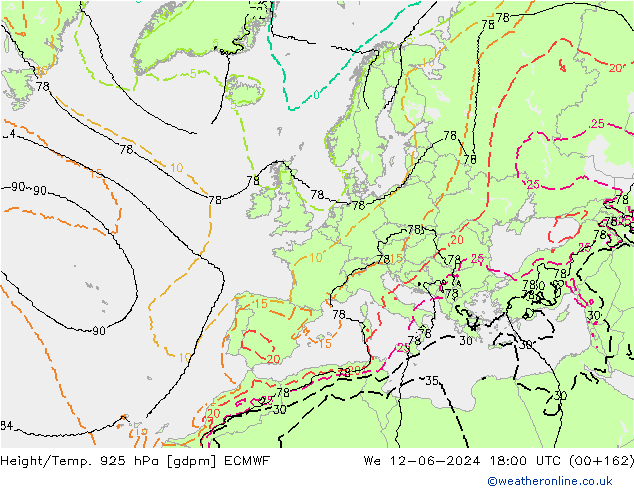 Height/Temp. 925 hPa ECMWF mer 12.06.2024 18 UTC