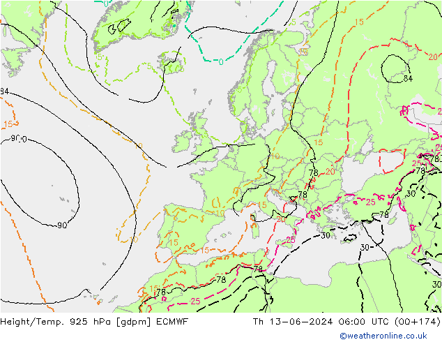 Height/Temp. 925 hPa ECMWF Th 13.06.2024 06 UTC