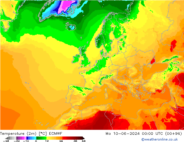 Temperaturkarte (2m) ECMWF Mo 10.06.2024 00 UTC