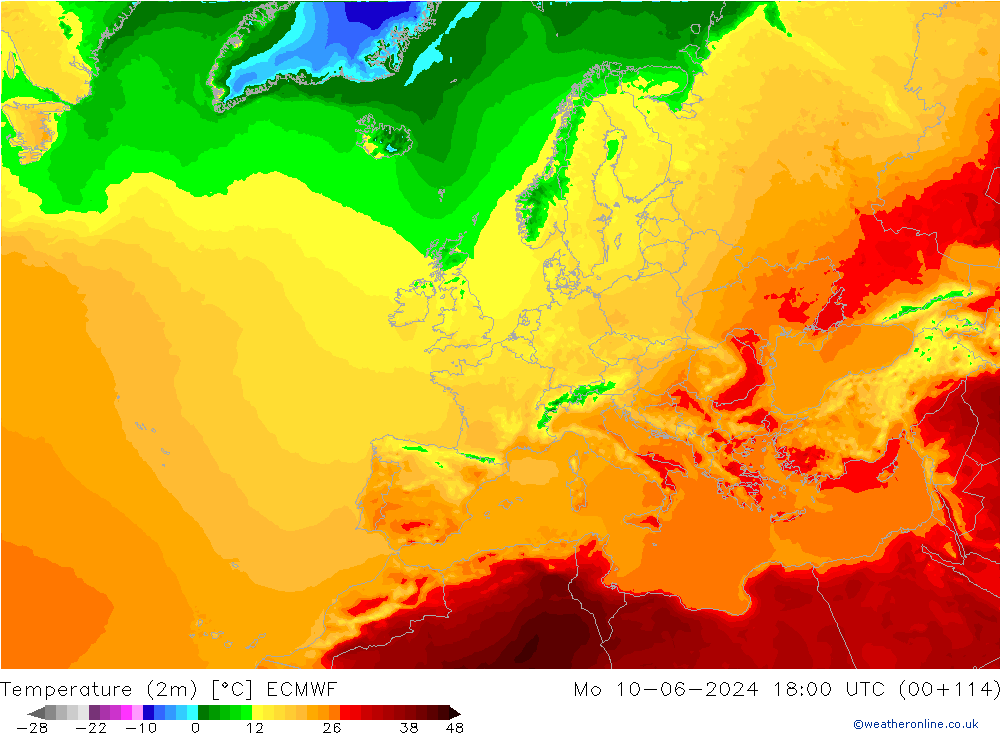 Temperaturkarte (2m) ECMWF Mo 10.06.2024 18 UTC