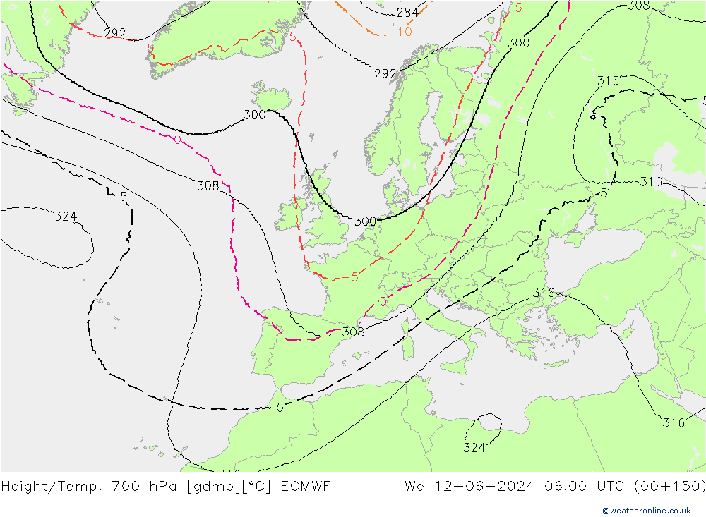 Height/Temp. 700 hPa ECMWF mer 12.06.2024 06 UTC