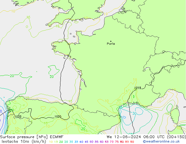 Isotachs (kph) ECMWF mer 12.06.2024 06 UTC