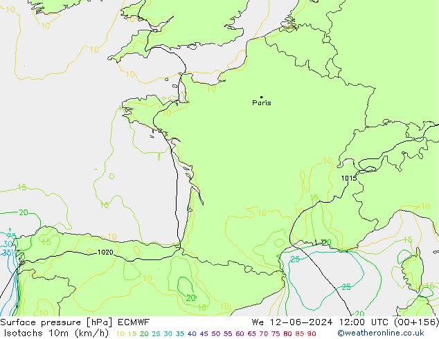 Isotachen (km/h) ECMWF Mi 12.06.2024 12 UTC