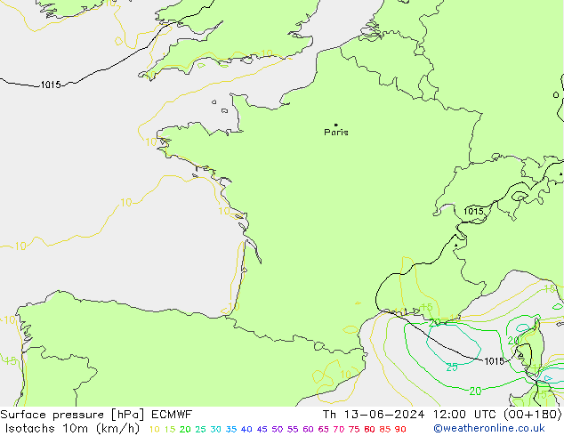 Isotachen (km/h) ECMWF do 13.06.2024 12 UTC