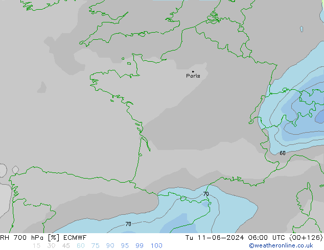 RH 700 hPa ECMWF mar 11.06.2024 06 UTC