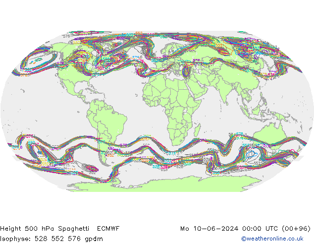 Height 500 hPa Spaghetti ECMWF  10.06.2024 00 UTC