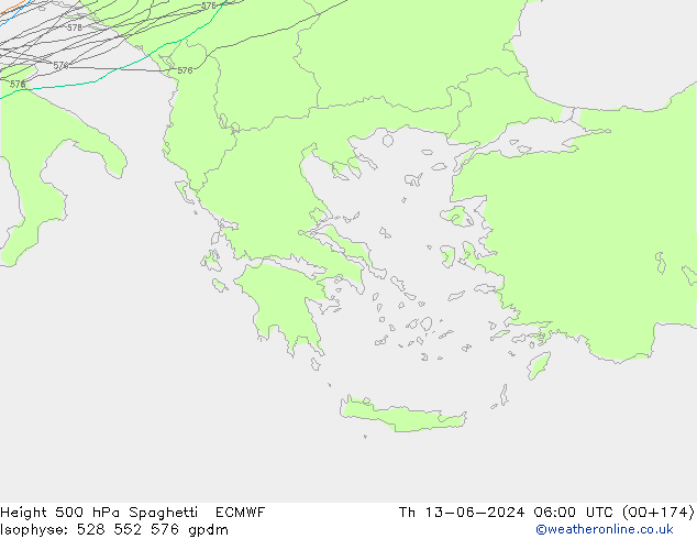 Height 500 hPa Spaghetti ECMWF Qui 13.06.2024 06 UTC