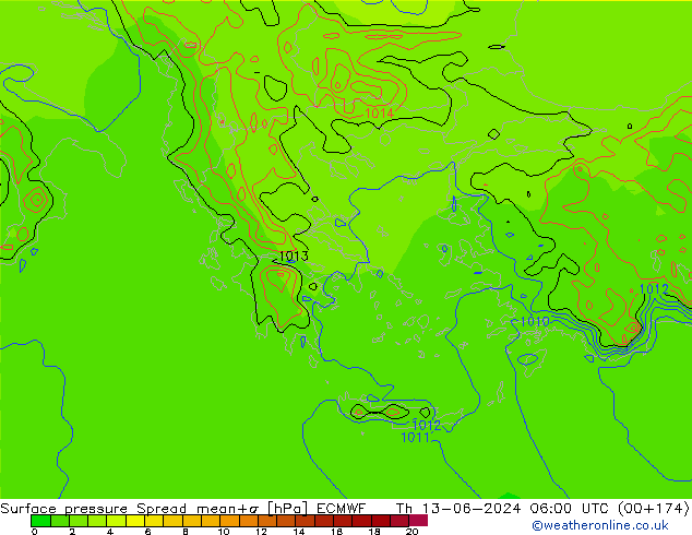 Surface pressure Spread ECMWF Th 13.06.2024 06 UTC