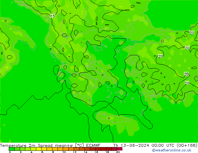 Sıcaklık Haritası 2m Spread ECMWF Per 13.06.2024 00 UTC