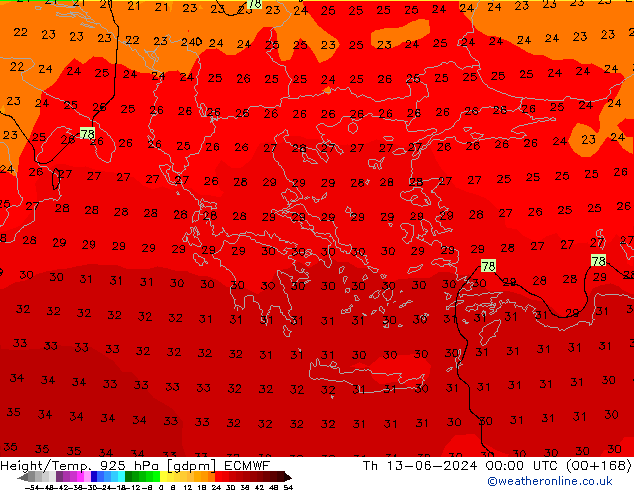 Height/Temp. 925 гПа ECMWF чт 13.06.2024 00 UTC