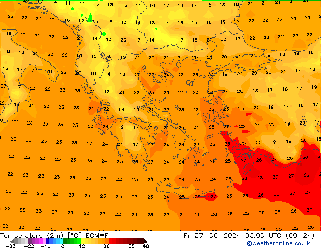 Temperatuurkaart (2m) ECMWF vr 07.06.2024 00 UTC