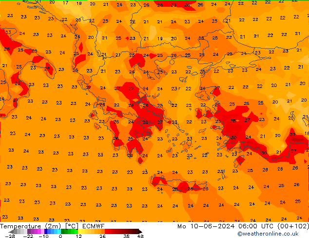 Temperature (2m) ECMWF Mo 10.06.2024 06 UTC