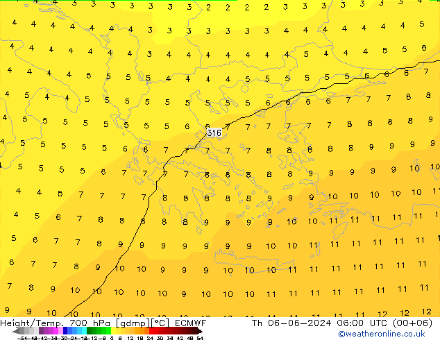 Height/Temp. 700 hPa ECMWF Th 06.06.2024 06 UTC