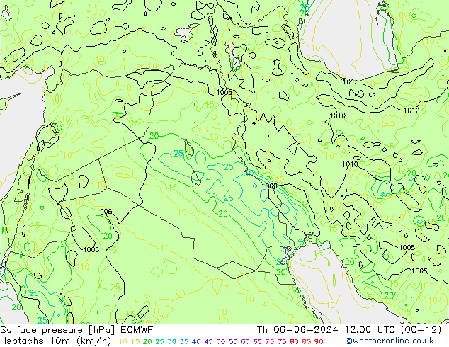 Isotachs (kph) ECMWF Qui 06.06.2024 12 UTC