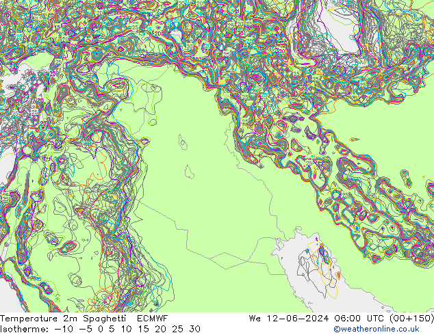 Temperatura 2m Spaghetti ECMWF mer 12.06.2024 06 UTC