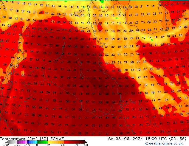 Temperatuurkaart (2m) ECMWF za 08.06.2024 18 UTC