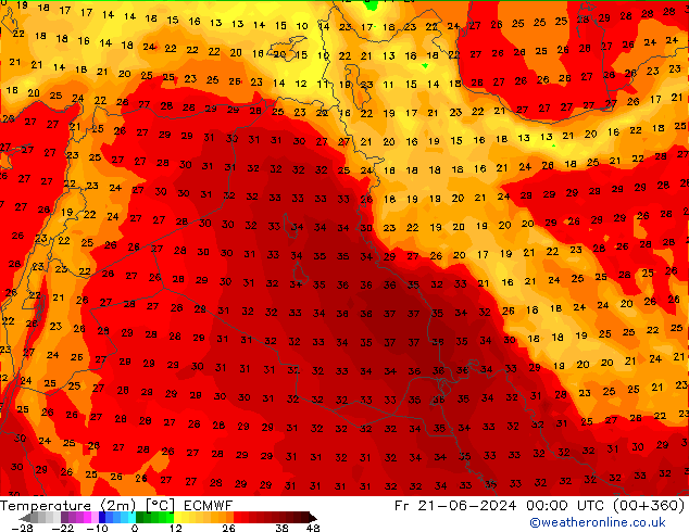 Temperature (2m) ECMWF Fr 21.06.2024 00 UTC