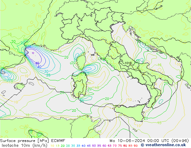 Eşrüzgar Hızları (km/sa) ECMWF Pzt 10.06.2024 00 UTC